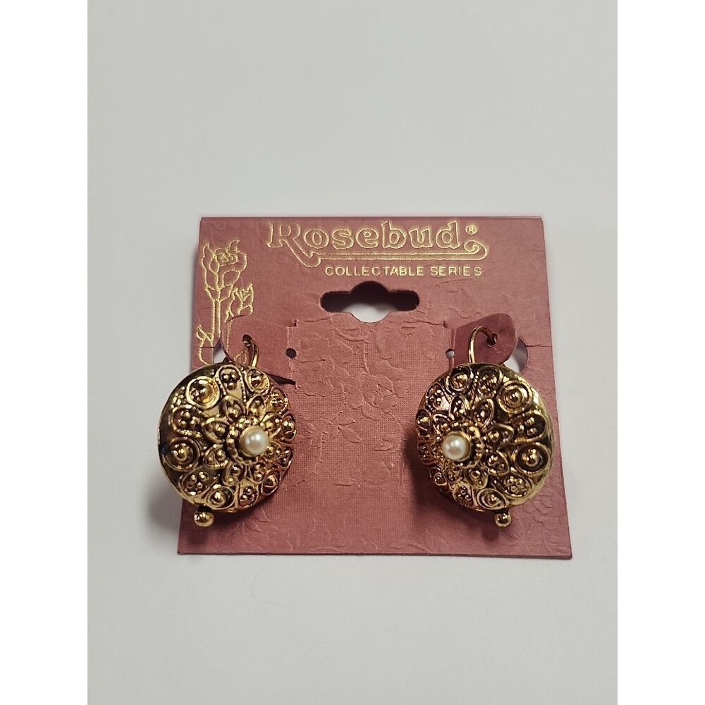 Rosebud Gold-Tone Filigree Earrings with Pearl Accent